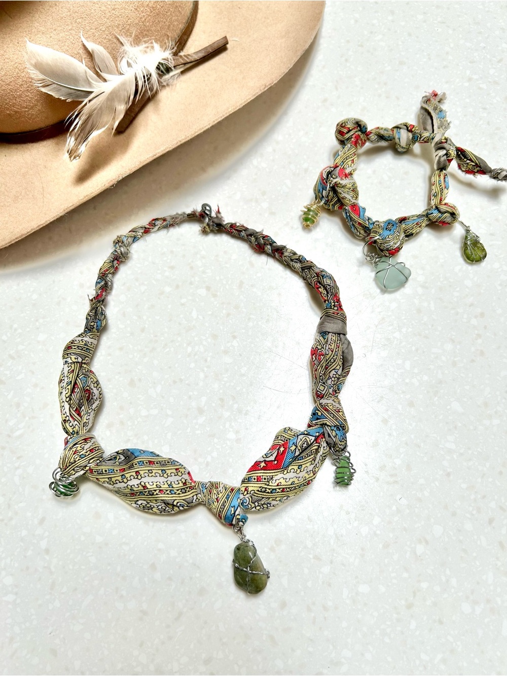 SILK Artisan Set scarf/bracelet w rustic BEACH hippy Gypsy southwestern vibe